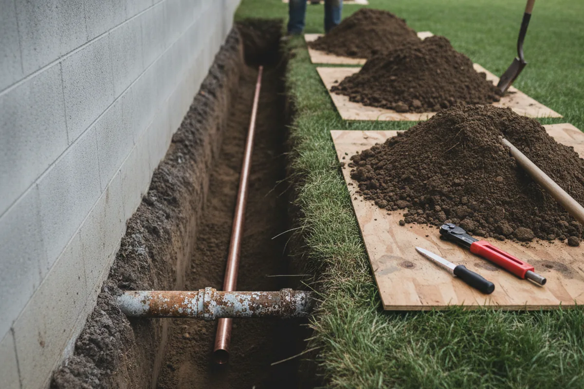 Excavated water line trench during Sewer Line Repair in Green Lane